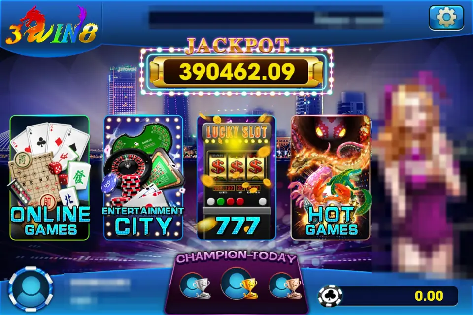 3Win8 lobby with a JACKPOT counter reading 390462.09 above four tiles labelled Online Games, Entertainment City, 777 and Hot Games, a Champion Today bar and a 0.00 balance