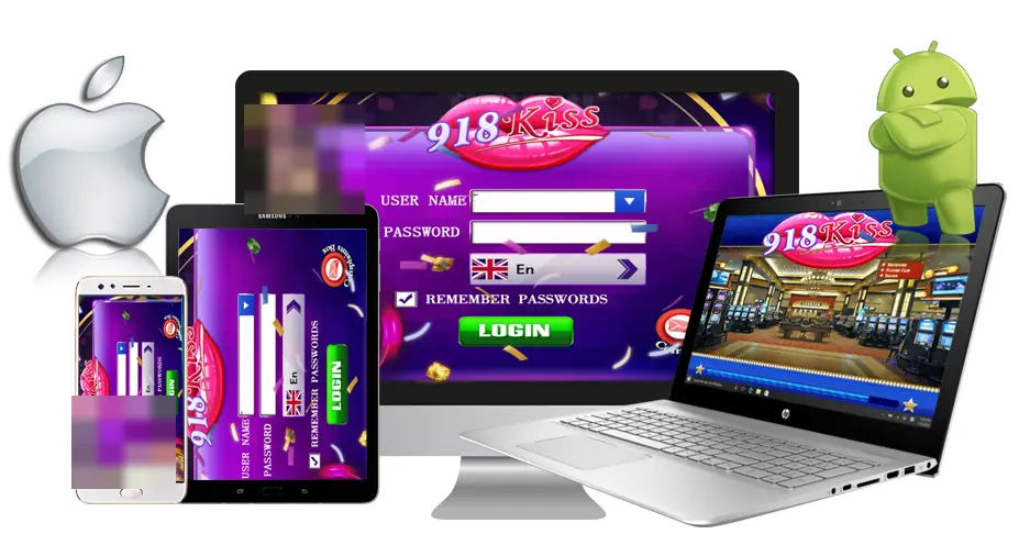 918Kiss login screen with USER NAME and PASSWORD fields, a language selector, a REMEMBER PASSWORDS box and a green LOGIN button, shown on a phone, tablet, monitor and laptop