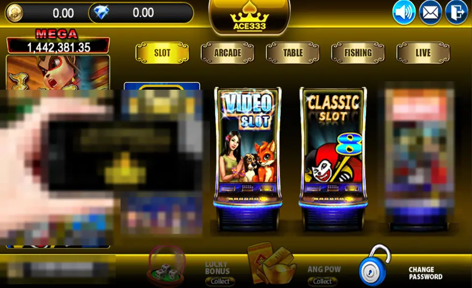 ACE333 lobby with Slot, Arcade, Table, Fishing and Live tabs, a MEGA jackpot counter on the left, Video Slot and Classic Slot cabinets, and Lucky Bonus, Ang Pow and Change Password buttons along the bottom
