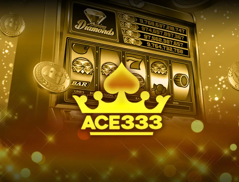 ACE333 logo, a gold crown over a spade above the word ACE333, in front of a gold slot machine with diamond reels