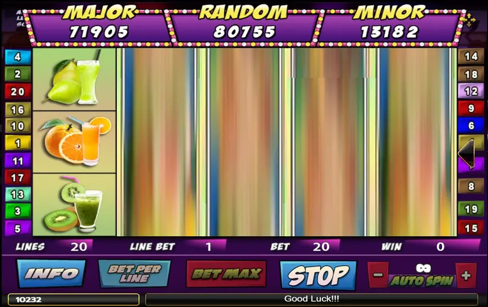 A Night Out slot mid-spin with pear, orange and kiwi drink symbols on the first reel, 20 numbered lines, MAJOR, RANDOM and MINOR jackpot boxes and a STOP button