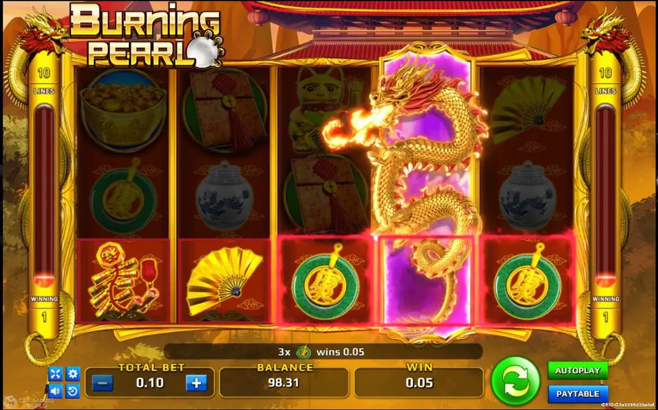 Burning Pearl win with a golden dragon breathing fire over the fourth reel and three jade pendants highlighted on the bottom row, message 3x wins 0.05