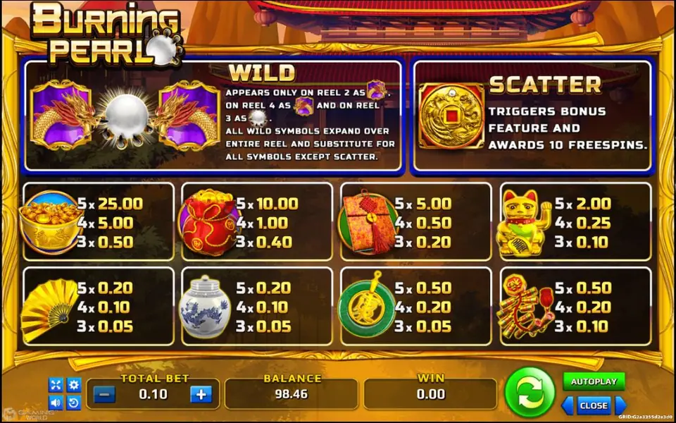 Burning Pearl paytable with the dragon and pearl wild, the gold coin scatter that awards 10 free spins, and prices for eight symbols