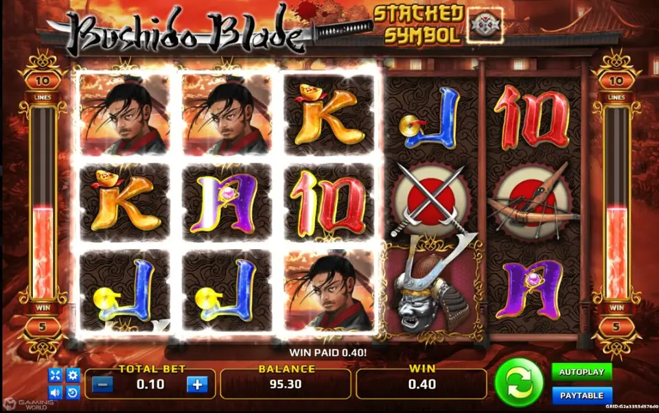 Bushido Blade win with samurai wild portraits and stacked K symbols on the first three reels and the message WIN PAID 0.40