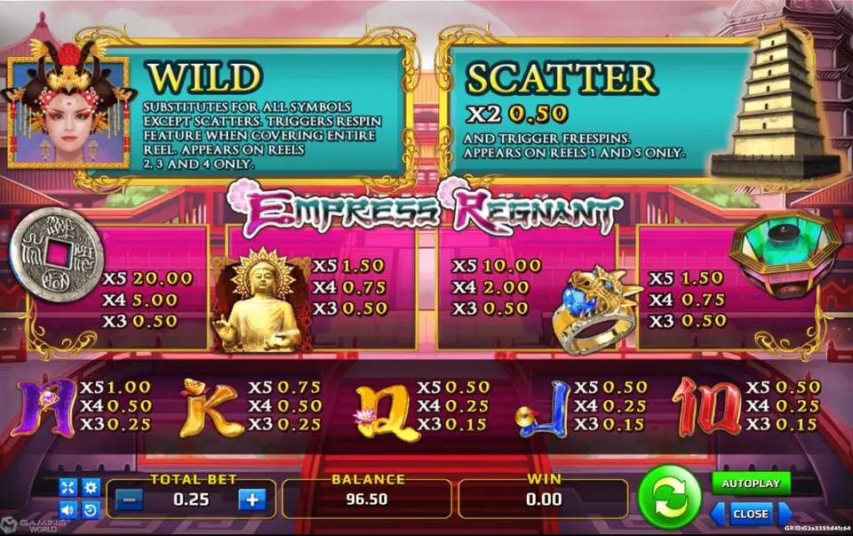 Empress Regnant paytable with the empress wild and respin rules, the pagoda scatter paying 0.50 for two and triggering free spins, and payouts for coin, statue, ring, incense burner and card letters