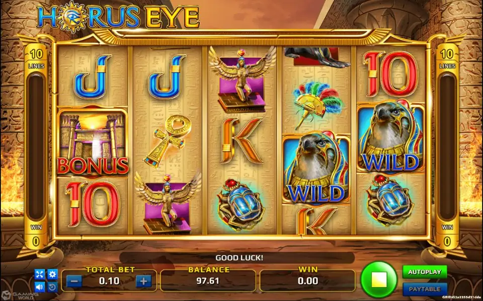 Horus Eye slot with a falcon-headed Horus wild, a golden ankh, a winged goddess statue, scarabs, a temple gate BONUS symbol and card letters on sandstone reels
