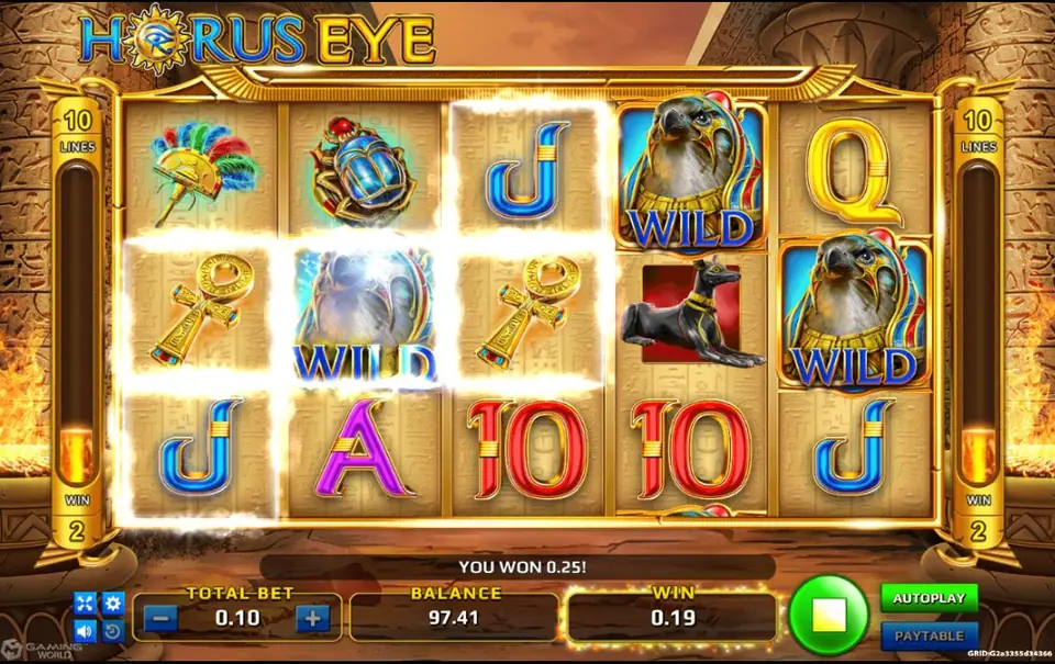 Horus Eye win with a Horus wild in the centre of reel 2 joining two ankhs and two J symbols on two lines, with the message YOU WON 0.25