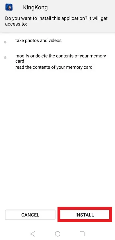 Android install screen for the KingKong app asking for access to take photos and videos and to modify, delete and read the memory card, with Cancel and Install buttons