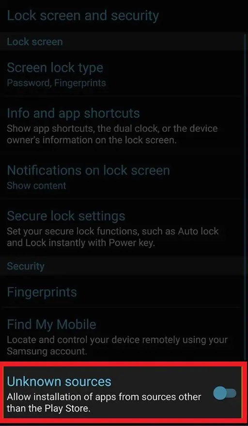 Lock screen and security settings page with the Unknown sources option, allow installation of apps from sources other than the Play Store, highlighted at the bottom