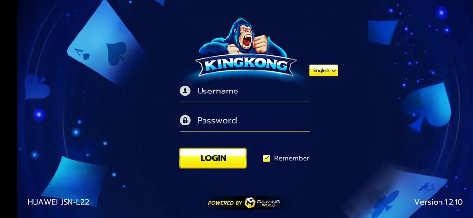 KingKong app login screen with the gorilla logo, Username and Password fields, a yellow LOGIN button, a Remember box, Powered by Gaming World and Version 1.2.10