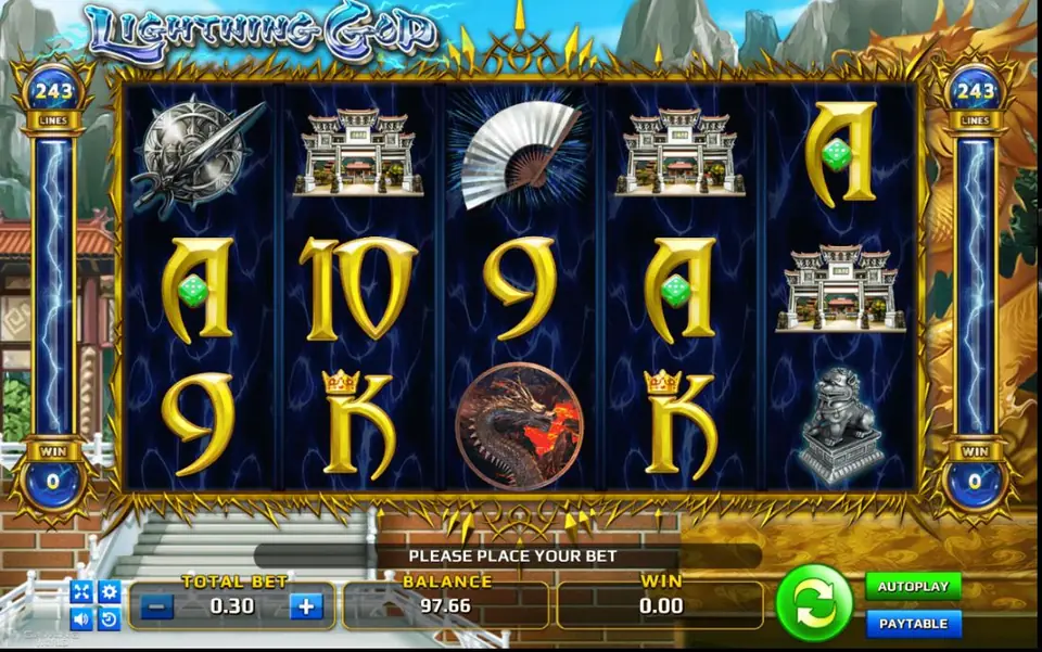 Lightning God reels with a folding fan, a stone gate, a dragon and a sword-and-shield symbol among gold card letters, and the message Please place your bet