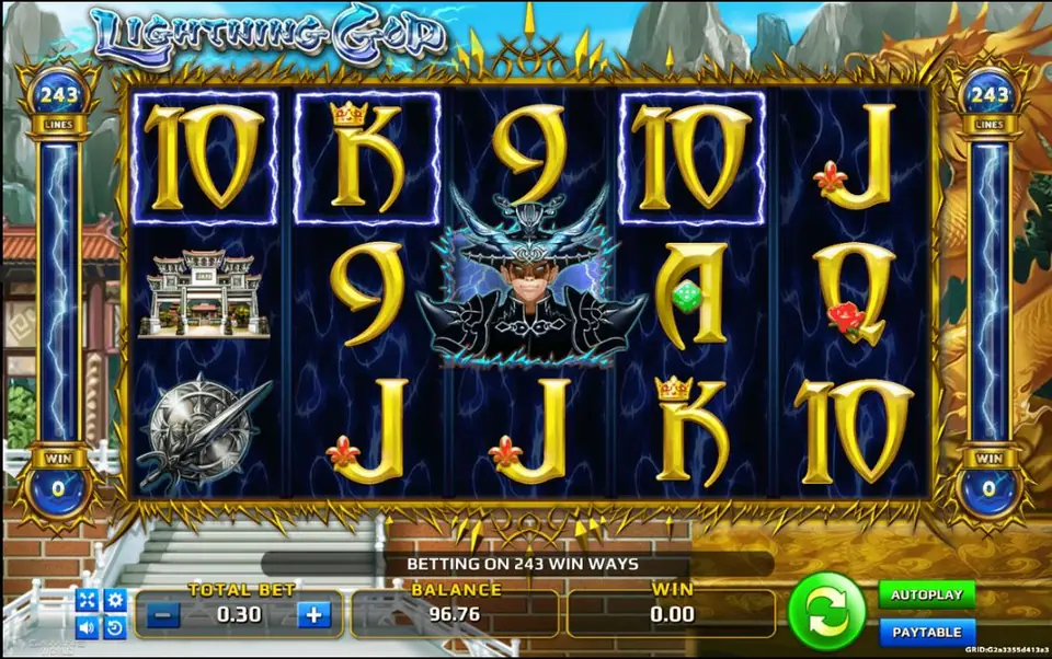 Lightning God slot with a masked thunder warrior in a horned helmet on the middle reel, a stone gate, a shield-and-sword symbol and gold card letters, with the message Betting on 243 win ways
