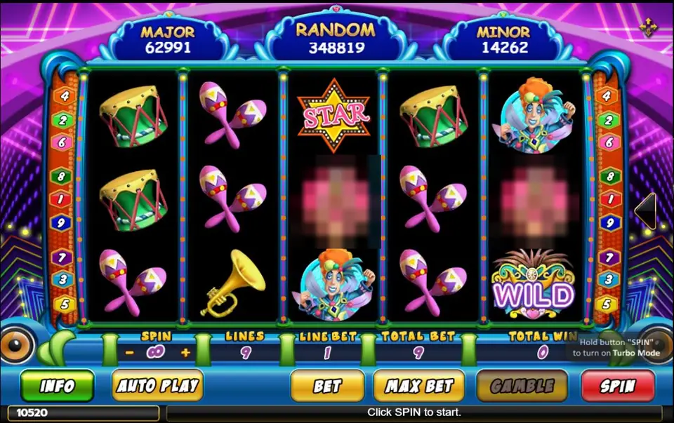 Mamamia reels with drums, maracas, a trumpet, a STAR and a WILD, the jackpot boxes above and the bottom panel showing 9 lines, line bet 1 and total bet 9