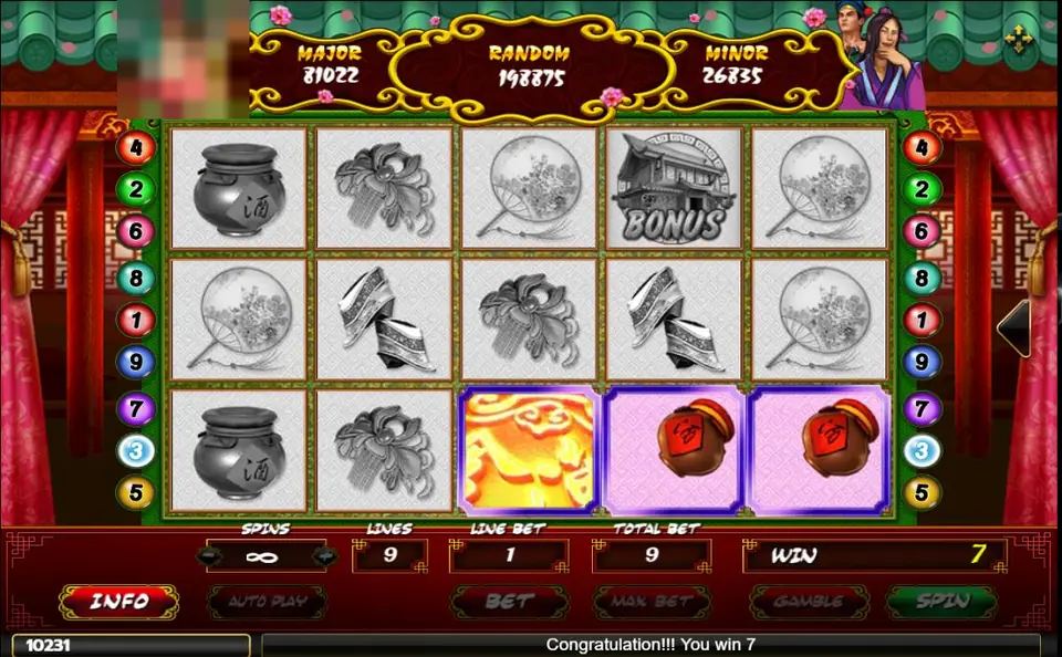 Pan Jin Lian reels greyed out except for a gold wild and two wine jars on the bottom row, with a BONUS house on reel 4 and the message Congratulation!!! You win 7