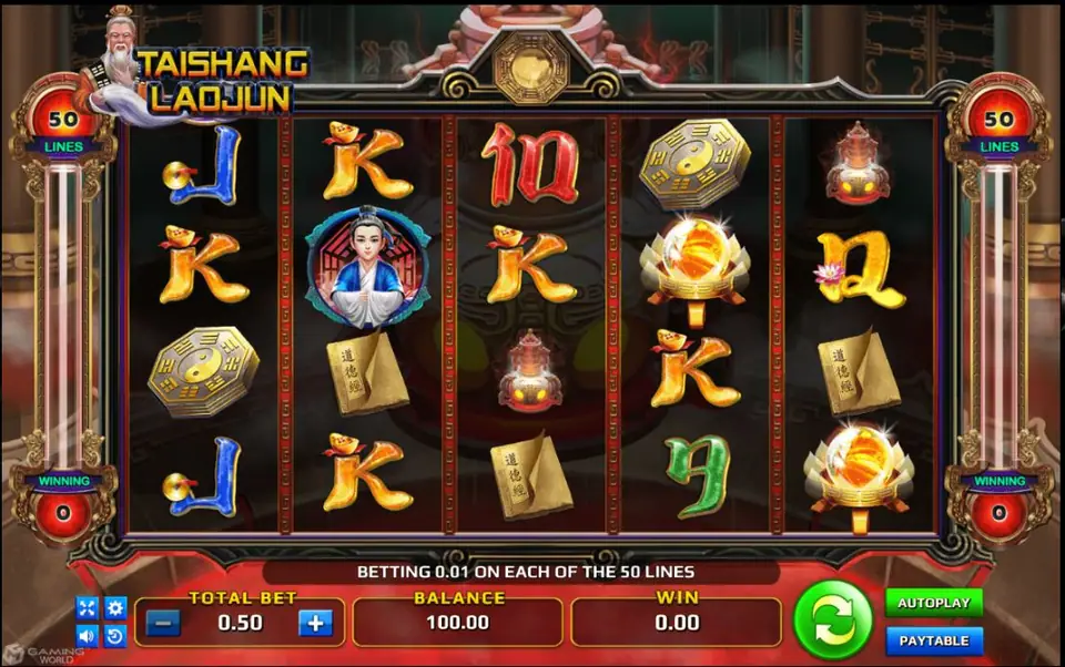 Tai Shang Lao Jun slot with a boy attendant in blue, a bagua disc, a Tao Te Ching book, a glowing orb and gold card letters on four rows, and the message Betting 0.01 on each of the 50 lines