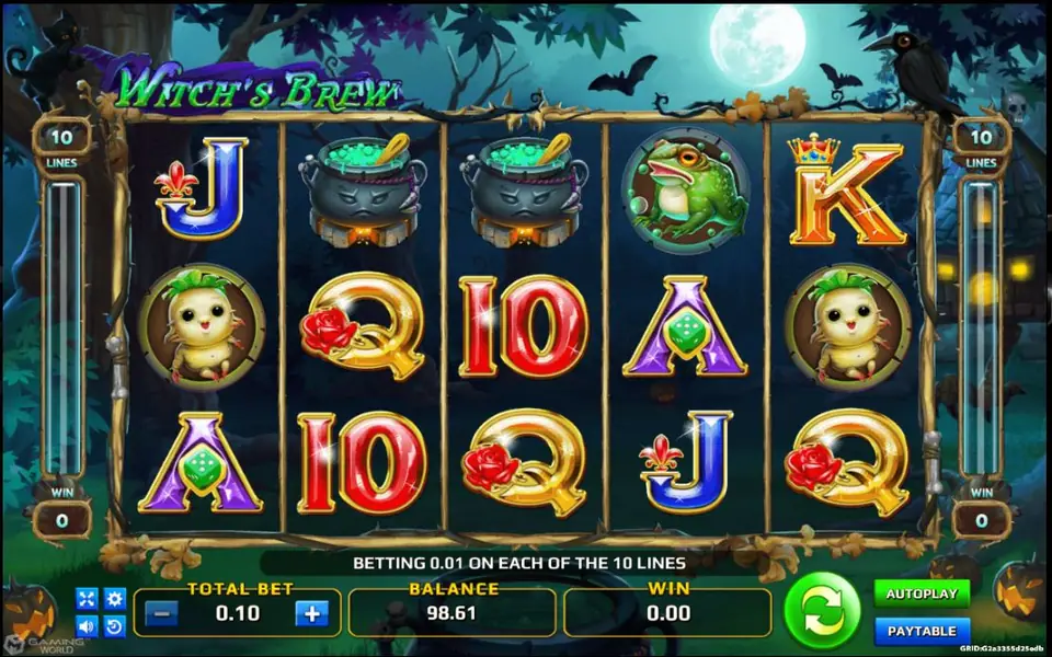 Witch's Brew reels with sprout creatures, cauldrons, a frog and a red Q with a rose, and the message Betting 0.01 on each of the 10 lines