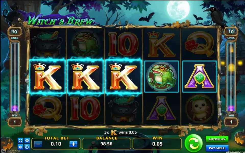 Witch's Brew win with three K symbols highlighted on the middle row and the message 3x K wins 0.05
