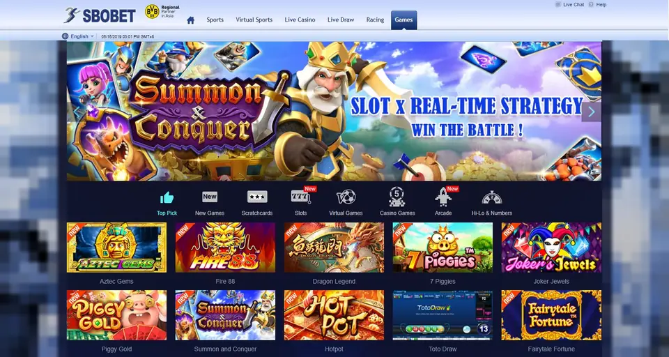 SBOBET Games tab on desktop with a Summon and Conquer banner, category icons and slot tiles for Aztec Gems, Fire 88, Dragon Legend, 7 Piggies, Joker Jewels, Piggy Gold and Hotpot
