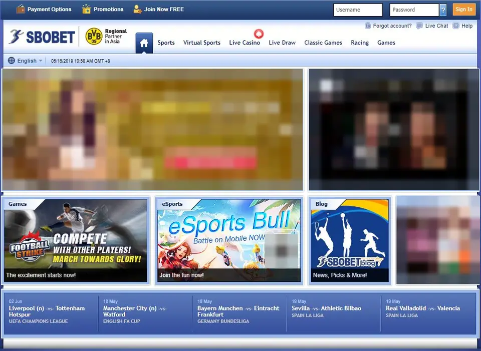 SBOBET desktop home page with a blue top menu for Sports, Virtual Sports, Live Casino, Live Draw, Classic Games, Racing and Games, promo tiles and a row of football fixtures