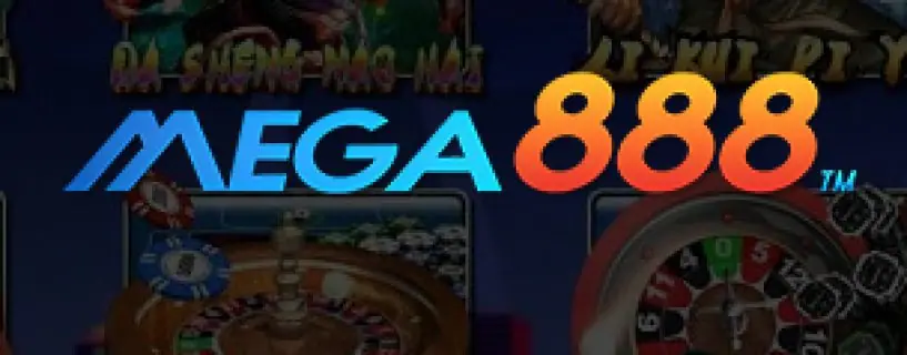 Mega888 logo in blue italic letters with an orange 888 over a dark, blurred casino lobby background