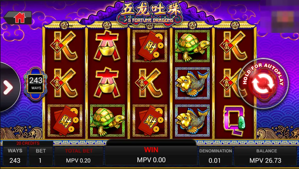 5 Fortune Dragons slot with gold K, red envelope, turtle and carp symbols, a 243 WAYS box on the left and a bottom bar showing Ways 243, Bet 1, Total Bet 0.20, Denomination 0.01 and Balance 26.73