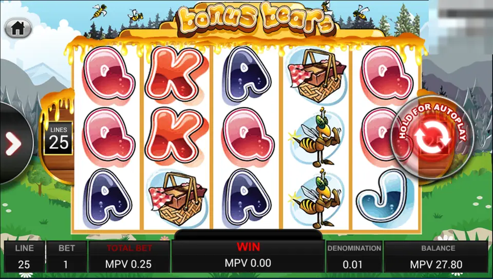 Bonus Bears slot with picnic basket, bee and card-letter symbols, 25 lines and a total bet of 0.25