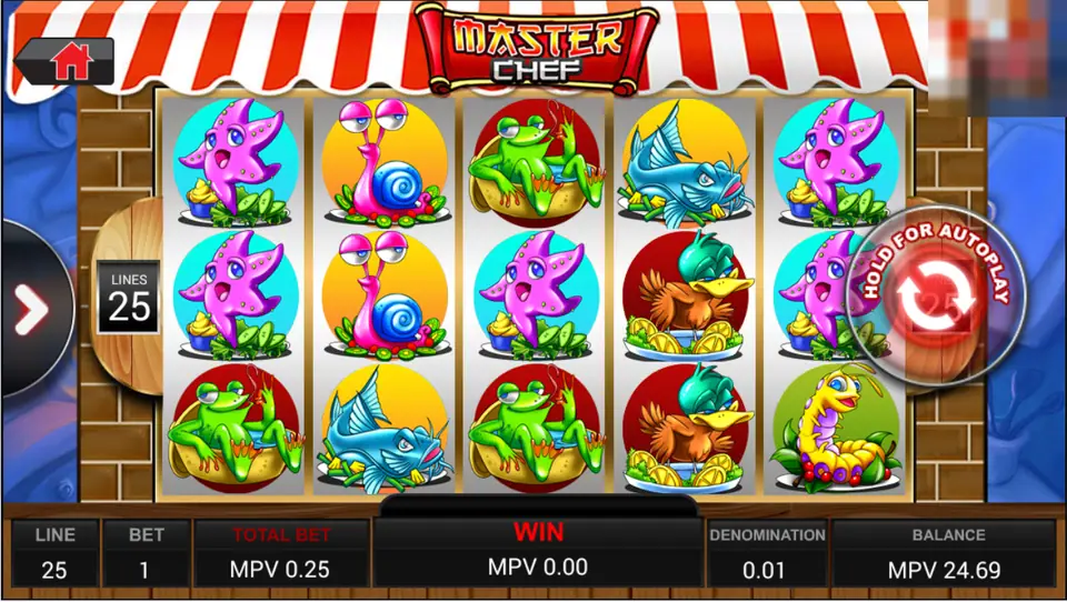 Master Chef slot with cartoon vegetables and seafood on five reels under a striped market awning