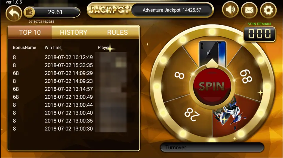 SKY777 bonus wheel with segments 8, 28 and 68, a phone and motorbike prize, a SPIN button, a Spin Remain counter at 000 and a Top 10 list of recent results