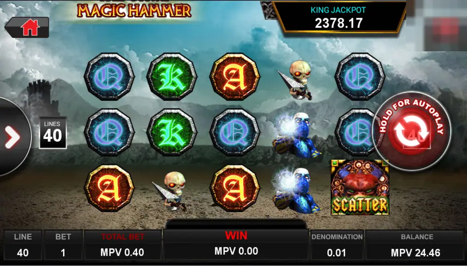 Magic Hammer slot with Q, K and A gems, skull warriors and a SCATTER symbol, a KING JACKPOT box reading 2378.17 and 40 lines