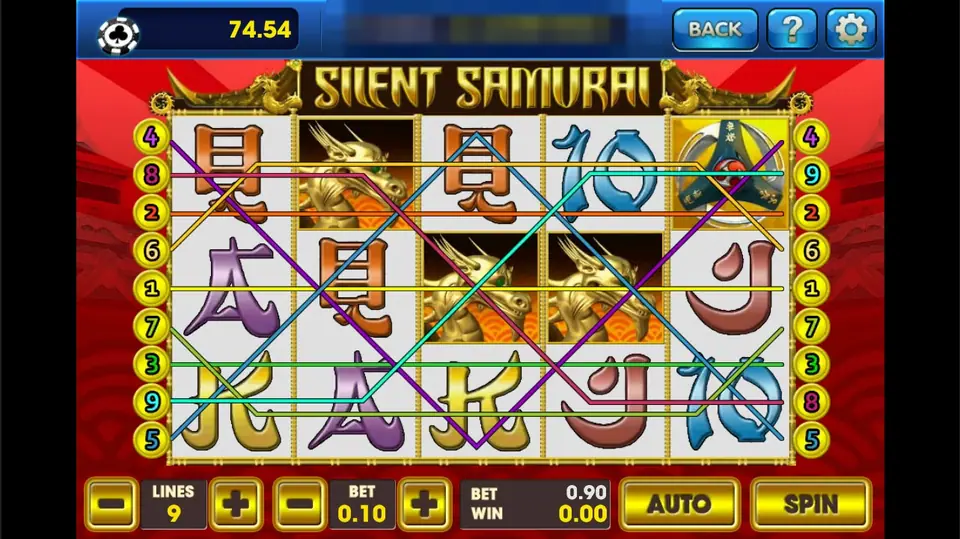 Silent Samurai reels with golden dragon heads, a throwing-star emblem and card letters drawn like brush strokes, 9 coloured lines drawn across, 9 lines at 0.10 for a 0.90 bet