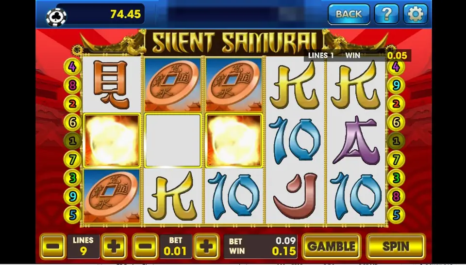 Silent Samurai after a small win on line 1 with three lit-up symbols in the middle row, a 0.01 bet, a 0.15 win and a GAMBLE button