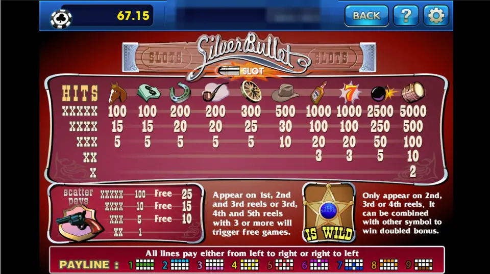 Silver Bullet paytable listing ten symbols from horse to barrel, the revolver scatter with free games, the sheriff star wild and nine line patterns