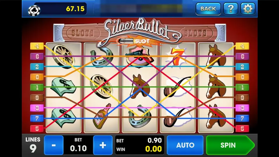Silver Bullet reels with horses, cash bundles, horseshoes, a wagon wheel, a cowboy hat, a pipe and a lucky 7, nine coloured lines drawn across and a 0.90 bet