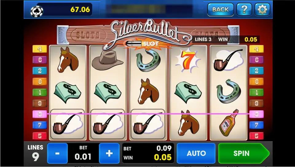 Silver Bullet at 9 lines and 0.01 with three pipes on line 3 for a 0.05 win