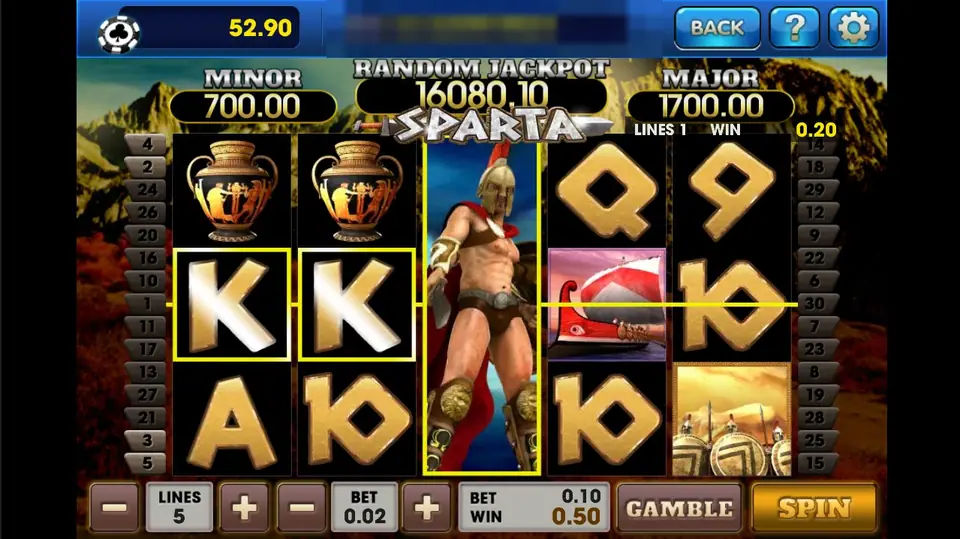 Sparta with the warrior wild filling reel 3 and two K symbols on line 1, at 5 lines and 0.02 a line, showing a 0.50 win and a GAMBLE button