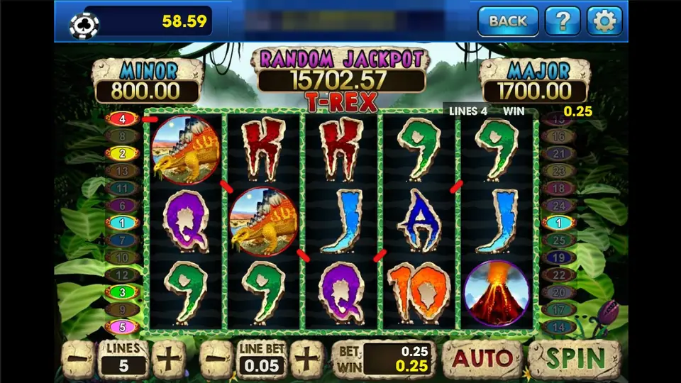T-Rex with 5 lines at 0.05, a 0.25 win on line 4 formed by two stegosaurus symbols, and jackpot boxes at 800.00 and 1700.00
