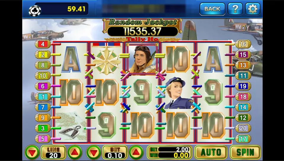 Tally Ho reels with a pilot in a leather flying helmet, a woman in a service uniform and cap, a medal and card symbols, old propeller planes flying behind, 20 lines at 0.10 for a 2.00 bet