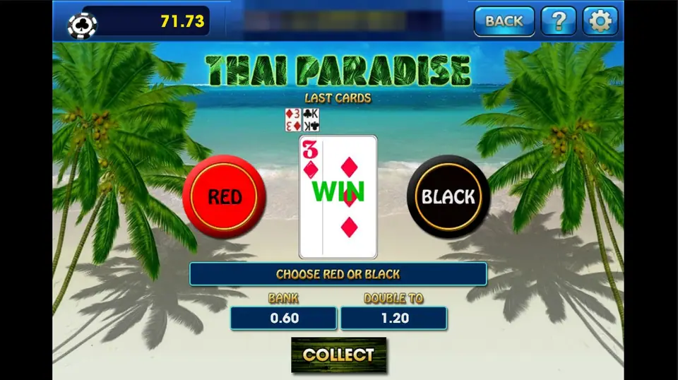 Thai Paradise gamble screen with a 3 of diamonds marked WIN between RED and BLACK buttons, a bank of 0.60 and Double To 1.20, and a COLLECT button