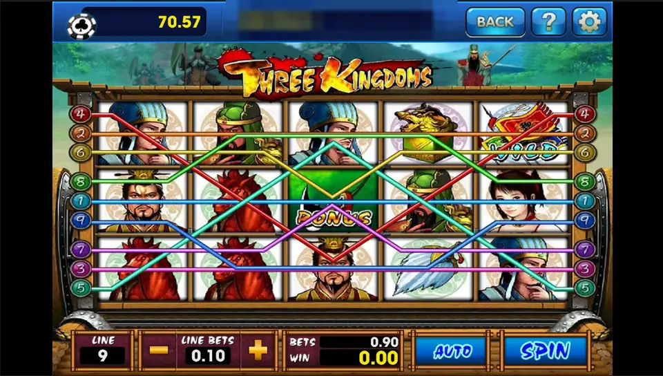 Three Kingdoms slot with portraits of generals, a strategist in a blue hat, a woman, a red horse and war flags on 5 reels, 9 lines drawn across, 0.10 a line for a 0.90 bet