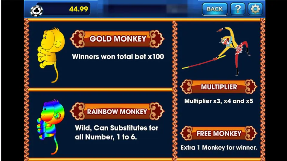 Help screen describing the Gold Monkey paying total bet x100, the Rainbow Monkey wild for numbers 1 to 6, a Multiplier of x3, x4 and x5, and a Free Monkey giving one extra monkey to the winner