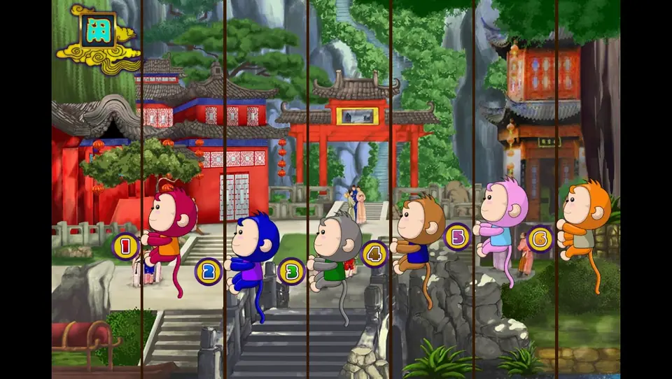 Six cartoon monkeys numbered 1 to 6 in different colours climbing wooden poles in front of a red Chinese temple gate, with a Player badge in the top corner