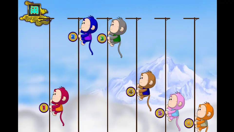 Six monkeys mid-race against a snowy mountain and blue sky, with monkeys 2 and 3 near the top of their poles