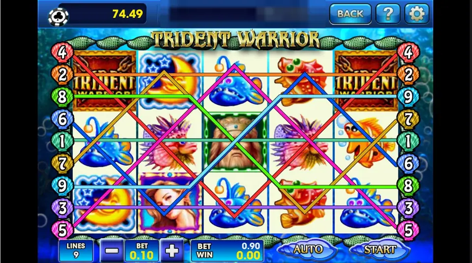 Trident Warrior reels with a bearded sea king, smiling moons, lionfish, anglerfish, a red pufferfish, a clownfish and Trident Warrior logo tiles, nine lines drawn across, 0.10 a line