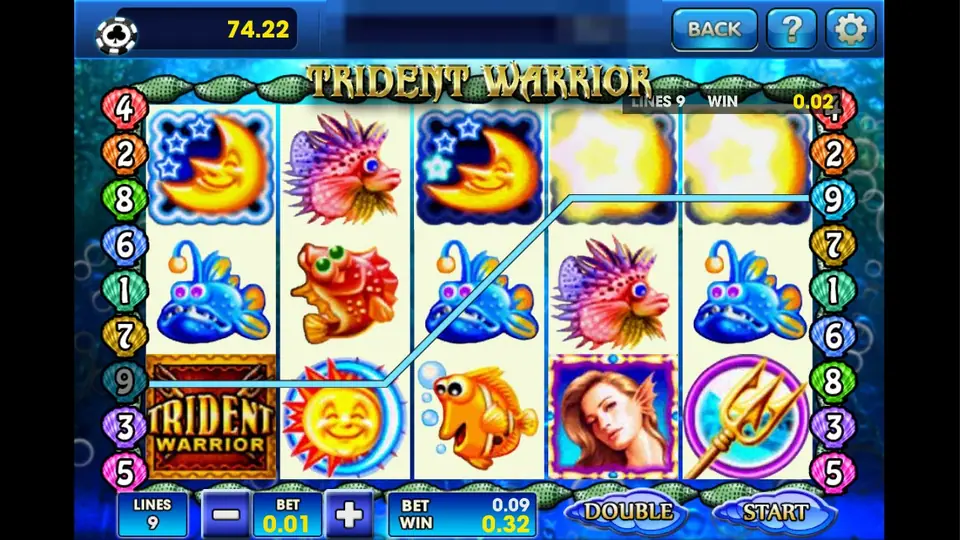 Trident Warrior at 9 lines and 0.01 a line with a 0.32 win on line 9, two glowing symbols on the top row and a DOUBLE button
