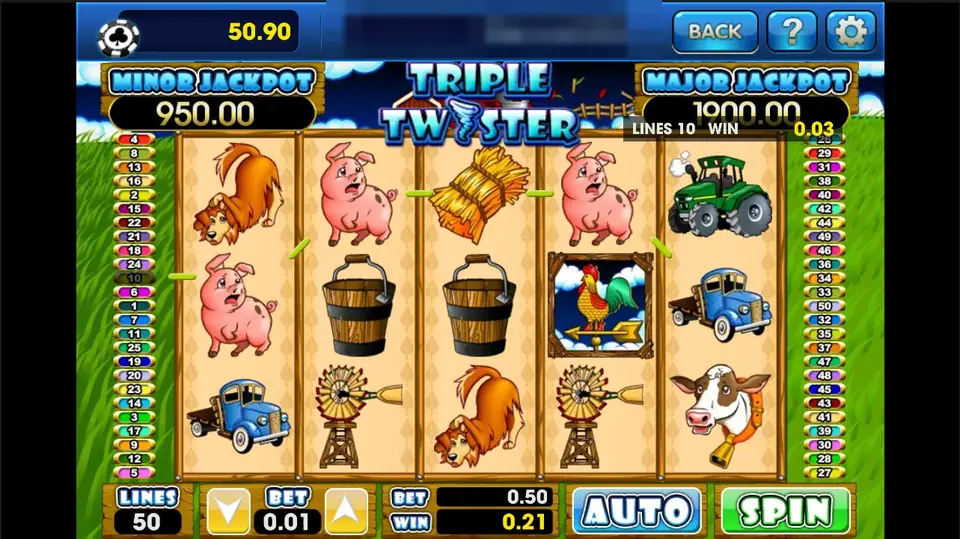 Triple Twister at 50 lines and 0.01 a line, a 0.50 spin with a 0.21 total win and jackpot boxes at 950.00 and 1900.00
