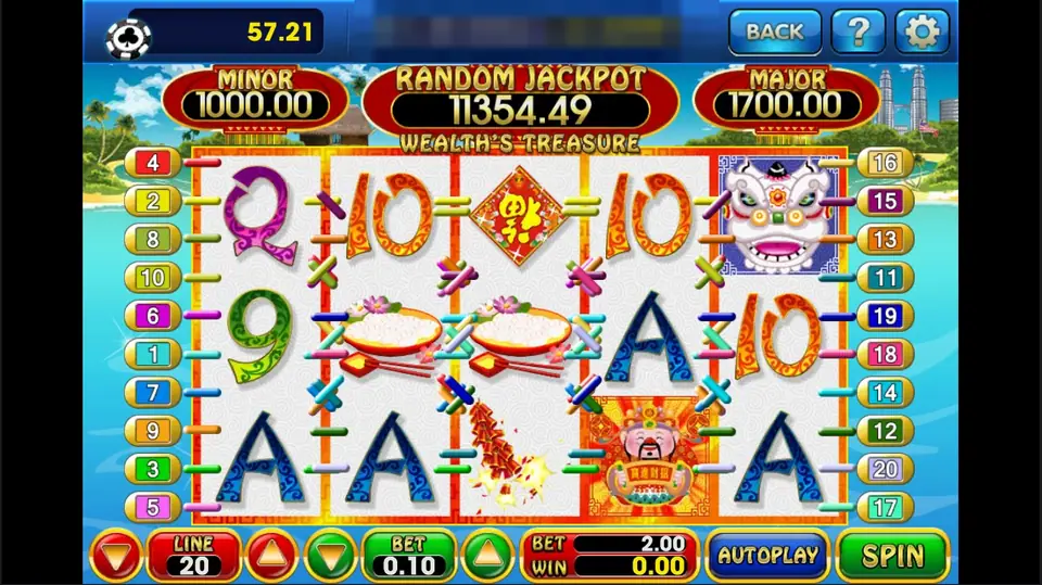 Wealth's Treasure reels with card letters, rice bowls, firecrackers, a Fu sign, a lion-dance head and the Money King, 20 lines at 0.10, MINOR 1000.00, RANDOM JACKPOT 11354.49 and MAJOR 1700.00