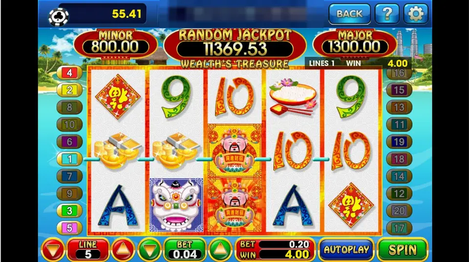 Wealth's Treasure at 5 lines and 0.04 a line with a 4.00 win on line 1 from two gold ingot symbols and a Money King wild on reel 3