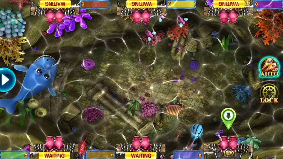 Fishing Star 10000 table with a large blue cartoon whale on the left, a striped fish near the bottom and the player's cannon at the bottom right