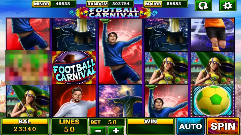 Football Carnival slot with footballers in blue and white kits, a Football Carnival logo tile, a green and yellow ball and night views of Rio, with 50 lines and bet 50