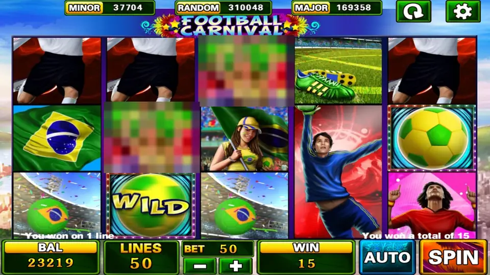 Football Carnival reels after a small win, with a WILD football in the middle, a Brazil-flag ball, a goalkeeper and a message reading You won a total of 15